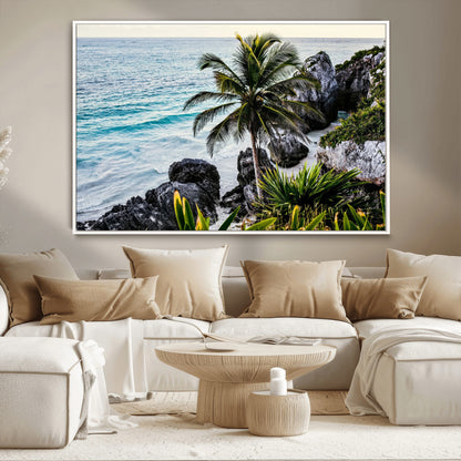 94669907-MGV-CV-36X24-Tropical Coastline Wall Art Canvas Print, Framed Palm Tree Art Picture Print, Rocky Beach Perfect Tropical Coastal Decor Artwork