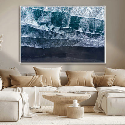 87941475-MGV-CV-36X24-Black Beach Wall Art Canvas Print, Framed Aerial Ocean Art Picture Print, Moody Coastal Perfect Modern Coastal Decor Artwork