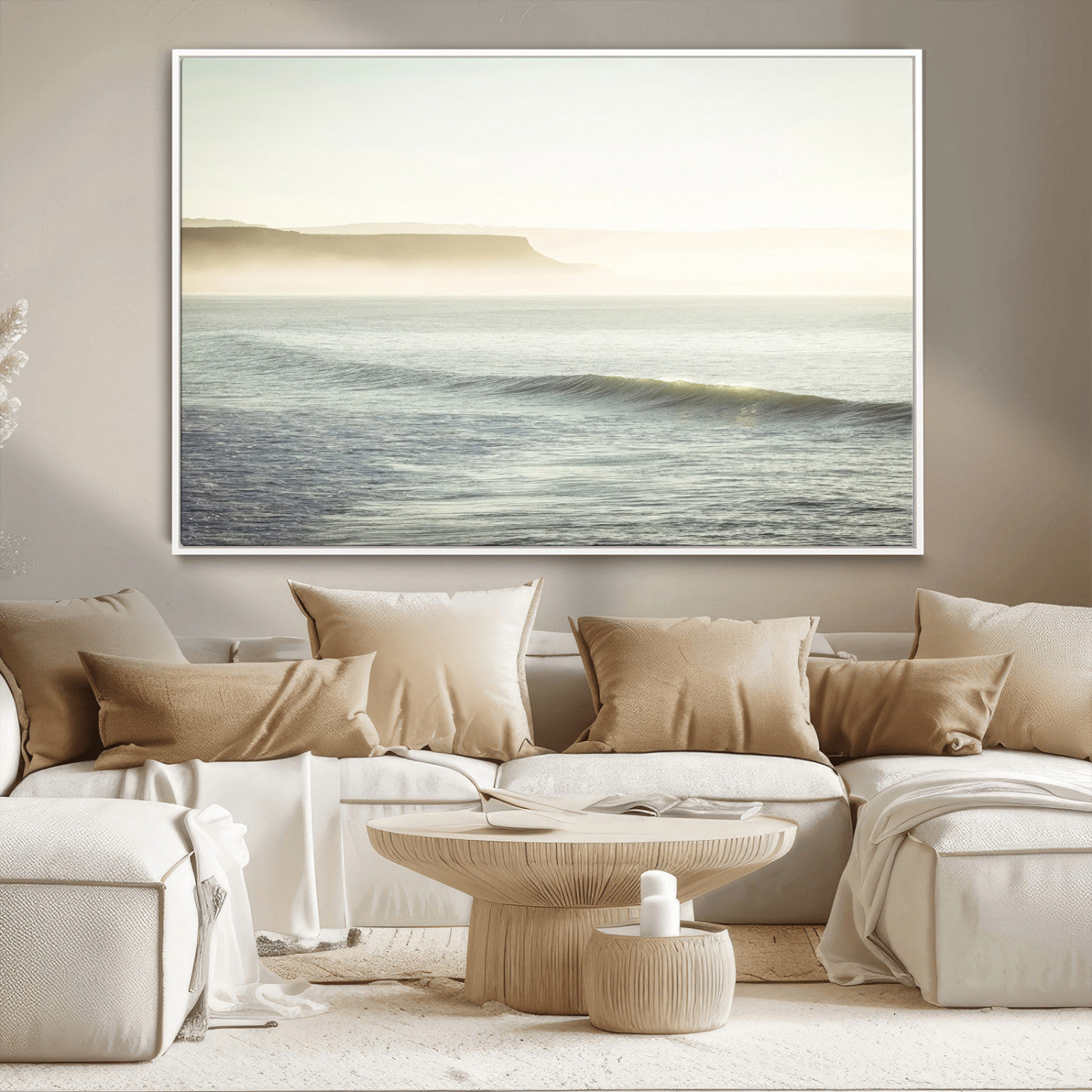 39310633-MGV-FC-36X24_White-Coastal Cliffs Wall Art Canvas Print, Framed Misty Ocean Art Picture Print, Morning Light Perfect Minimalistic Coastal Decor