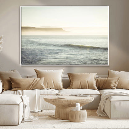 39310633-MGV-FC-36X24_White-Coastal Cliffs Wall Art Canvas Print, Framed Misty Ocean Art Picture Print, Morning Light Perfect Minimalistic Coastal Decor