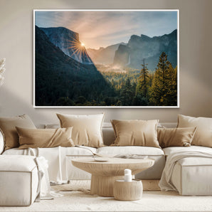 51605481-MGV-CV-36X24-Yosemite Valley Wall Art Canvas Print, Framed Mountain Sunrise Art Picture Print, National Park Perfect Vintage Explorer Decor