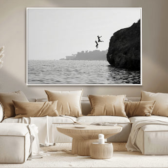 52284302-MGV-CV-36X24-Cliff Jumping Wall Art Canvas Print, Framed Ocean Adventure Art Picture Print, Black White Coast Perfect Modern Coastal Decor