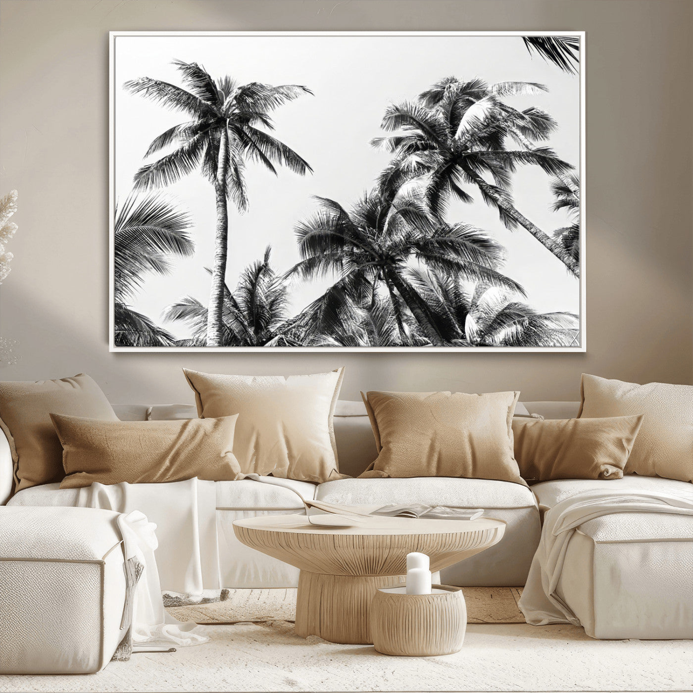 46641801-MGV-CV-36X24-Palm Tree Wall Art Canvas Print, Framed Black White Tropics Art Picture Print, Monochrome Palms Perfect Modern Tropical Minimalist
