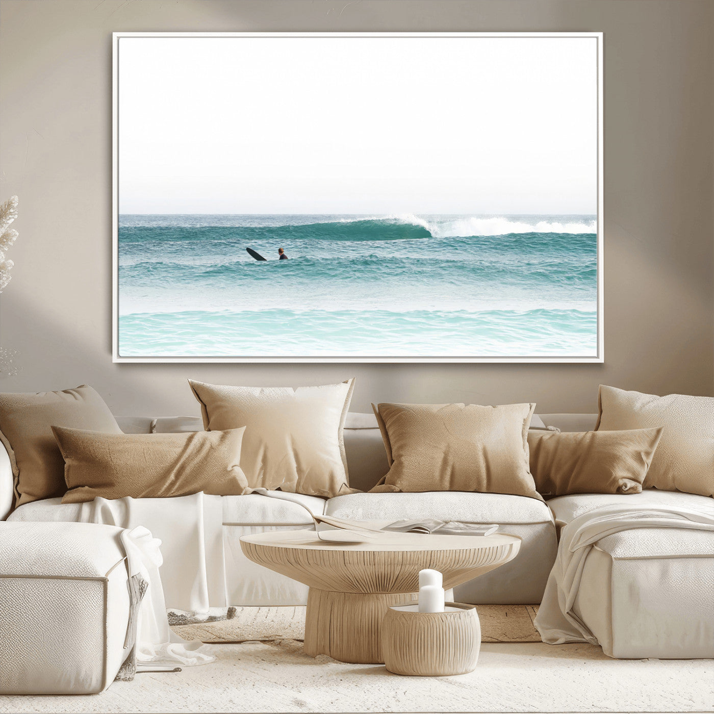56345117-MGV-CV-36X24-Minimalist Surfing Wall Art Canvas Print, Framed Ocean Waves Art Picture Print, Soft Ocean Perfect Minimalist Coastal Decor