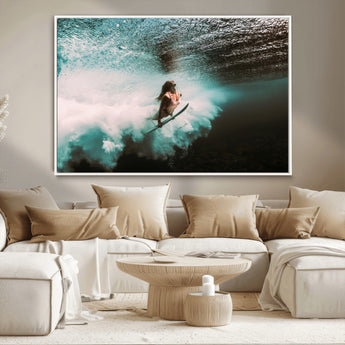 85923512-MGV-CV-36X24-Aquatic Motion Wall Art Canvas Print, Framed Underwater Swimming Art Picture Print, Female Surfer Diving Perfect Coastal Boho