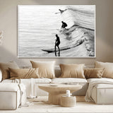 19875284-MGV-CV-36X24-Surfer Waves Wall Art Canvas Print, Framed Black White Surf Art Picture Print, Monochrome Ocean Perfect Modern Coastal Decor