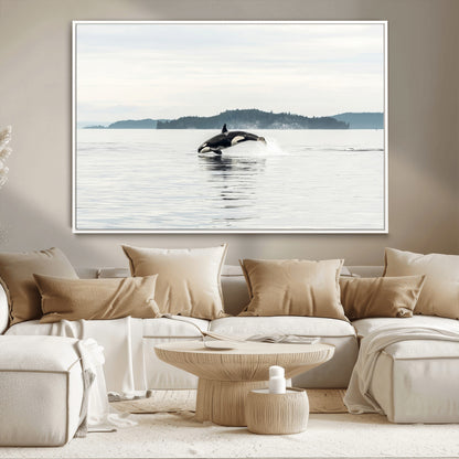 10157174-MGV-CV-36X24-Orca Whale Wall Art Canvas Print, Framed Black White Whale Art Picture Print, Minimalist Ocean Perfect Coastal Minimalist Decor