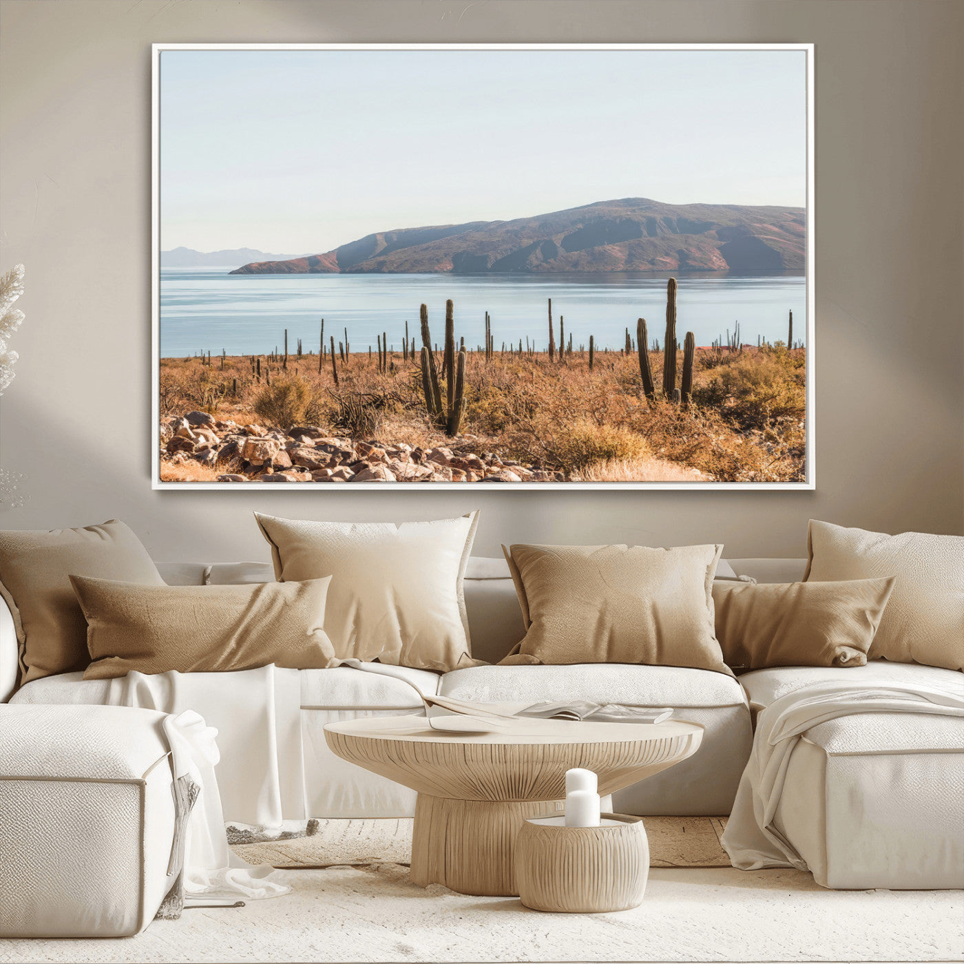 45193515-MGV-CV-36X24-Desert Cactus Wall Art Canvas Print, Framed Baja Coastline Art Picture Print, Coastal Desert Perfect Southwestern Minimalist Decor
