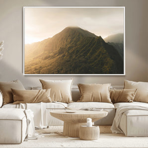 42338636-MGV-CV-36X24-Golden Mountain Wall Art Canvas Print, Framed Misty Summit Art Picture Print, Rugged Landscape Perfect Moody Wilderness Decor