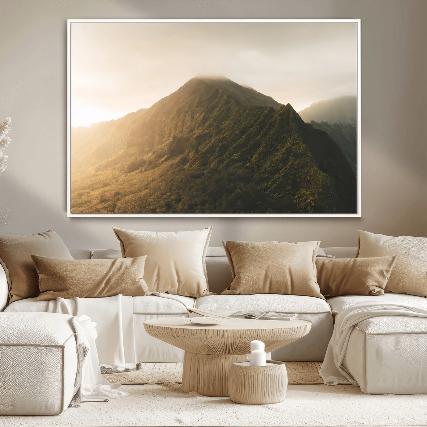 42338636-MGV-CV-36X24-Golden Mountain Wall Art Canvas Print, Framed Misty Summit Art Picture Print, Rugged Landscape Perfect Moody Wilderness Decor