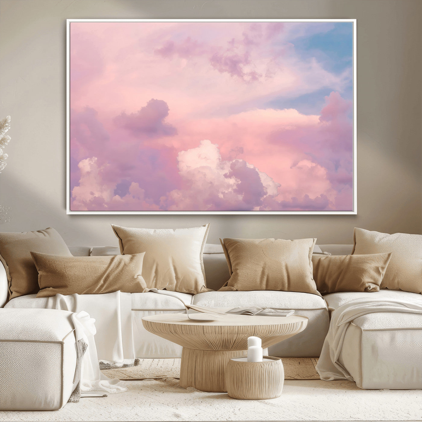 22874890-MGV-CV-36X24-Pastel Sky Wall Art Canvas Print, Framed Dreamy Cloudscape Art Picture Print, Sunset Glow Perfect Minimalist Serenity Decor