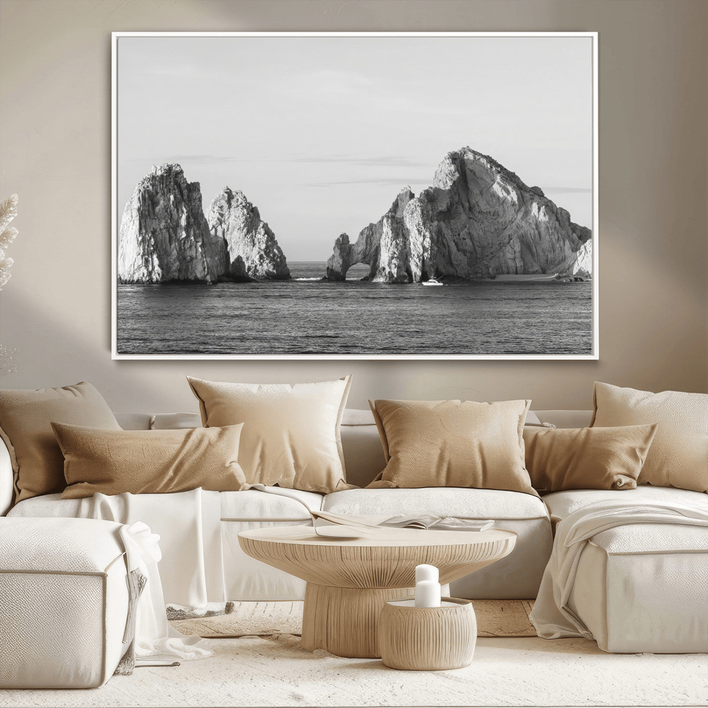 18810731-MGV-CV-36X24-Rugged Coastline Wall Art Canvas Print, Framed Ocean Cliffs Art Picture Print, Monochrome Seascape Perfect Coastal Minimalist