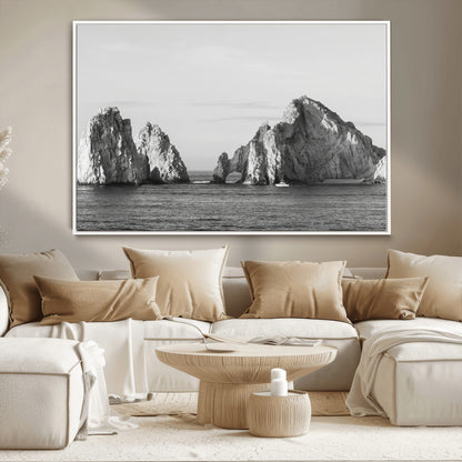 18810731-MGV-CV-36X24-Rugged Coastline Wall Art Canvas Print, Framed Ocean Cliffs Art Picture Print, Monochrome Seascape Perfect Coastal Minimalist
