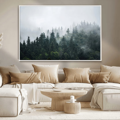 84146572-MGV-CV-36X24-Foggy Pine Trees Wall Art Canvas Print, Framed Forest Nature Art Picture Print, Evergreen Forest Perfect Scandinavian Minimalist