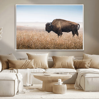 99620201-MGV-FC-36X24_White-Wild Bison Wall Art Canvas Print, Framed Bison in Prairie Art Picture Print, Rustic Western Perfect Rustic Western Decor Artwork
