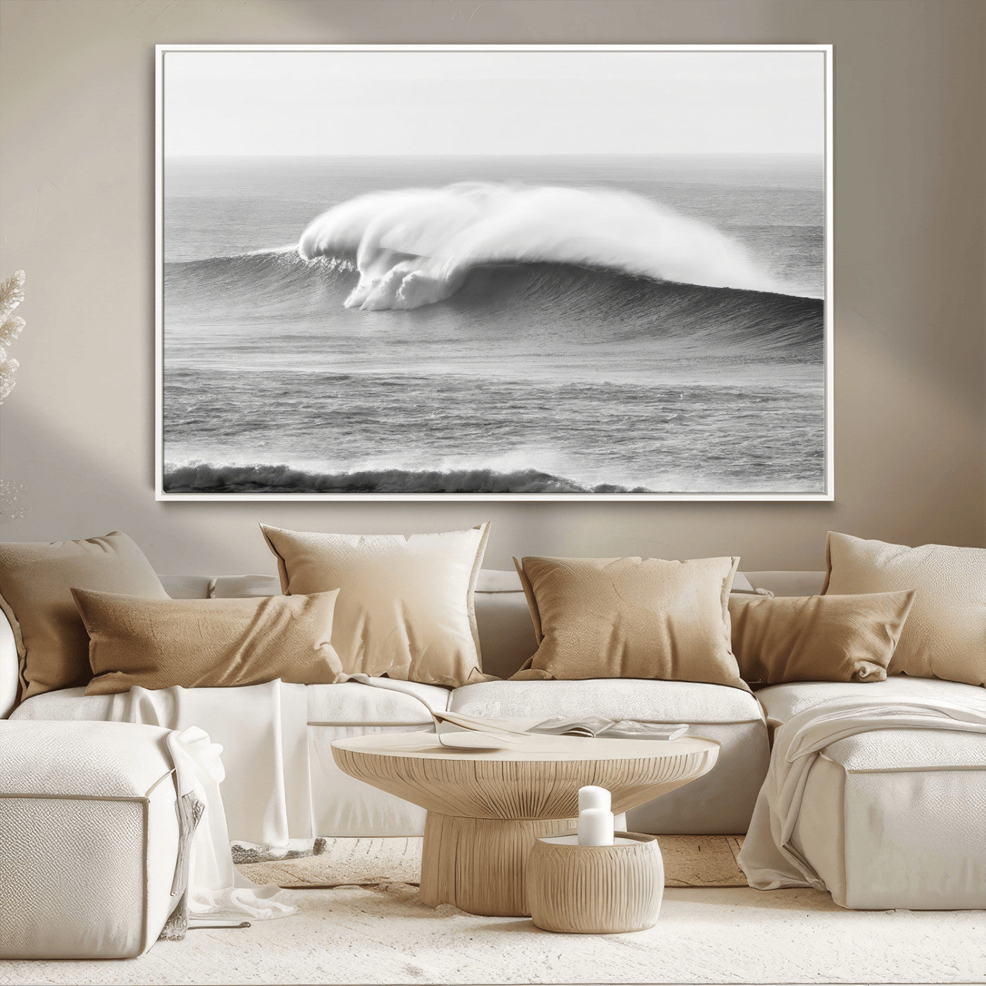 42544082-MGV-CV-36X24-Monochrome Seascape Wall Art Canvas Print, Framed Surf Wave Art Picture Print, Minimalist Ocean Perfect Moody Coastal Decor