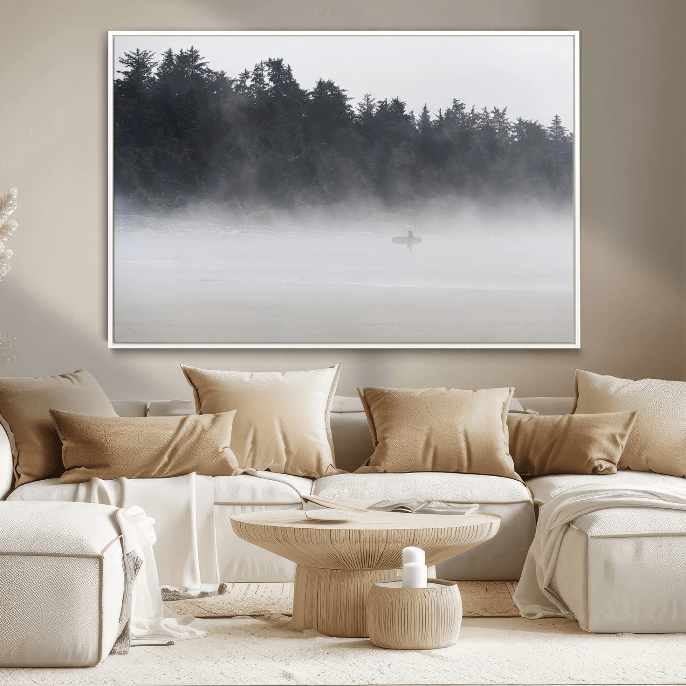 59703275-MGV-CV-36X24-Surfer in Fog Wall Art Canvas Print, Framed Foggy Beach Art Picture Print, Coastal Surf Perfect Moody Coastal Decor Artwork