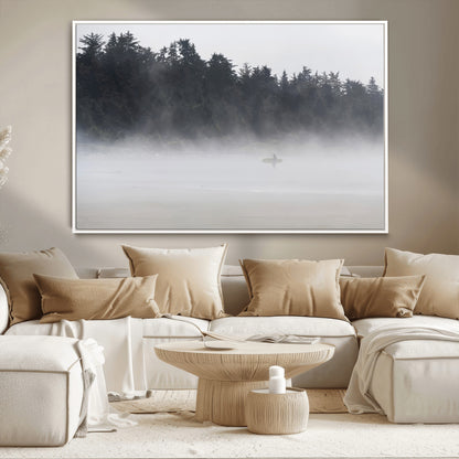 59703275-MGV-CV-36X24-Surfer in Fog Wall Art Canvas Print, Framed Foggy Beach Art Picture Print, Coastal Surf Perfect Moody Coastal Decor Artwork