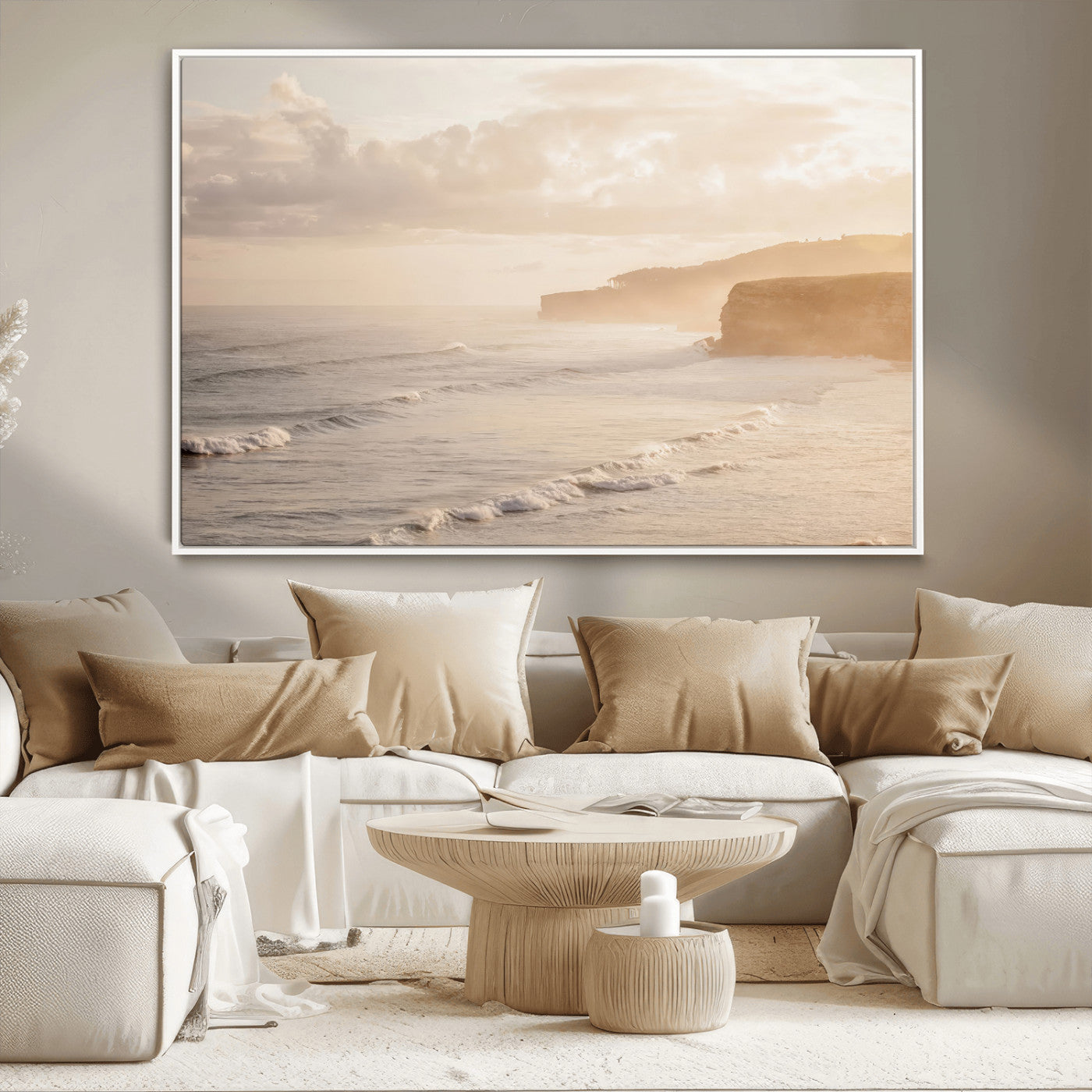 57669769-MGV-CV-36X24-Misty Coastal Wall Art Canvas Print, Framed Golden Sunset Art Picture Print, Serene Shoreline Perfect Tranquil Coastal Decor