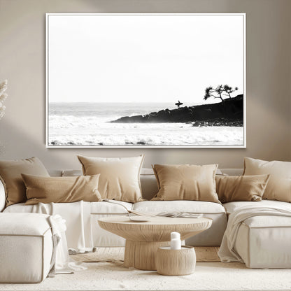 40875891-MGV-CV-36X24-SurferCliffs Wall Art Canvas Print, Framed Black White Beach Art Picture Print, Ocean Waves Perfect Minimalist Coastal Decor
