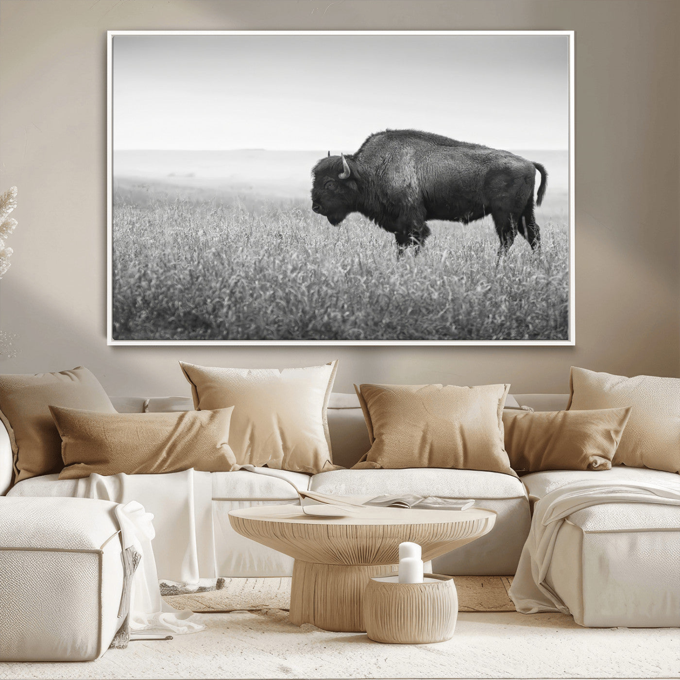 28435251-MGV-CV-36X24-Bison In Prairie Wall Art Canvas Print, Framed Rustic Wildlife Art Picture Print, Wild Buffalo Perfect Rustic Western Decor