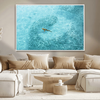 43671474-MGV-CV-36X24-Fish Swarm Wall Art Canvas Print, Framed Marine Life Art Picture Print, Shark Aerial Perfect Wildlife Coastal Decor Artwork
