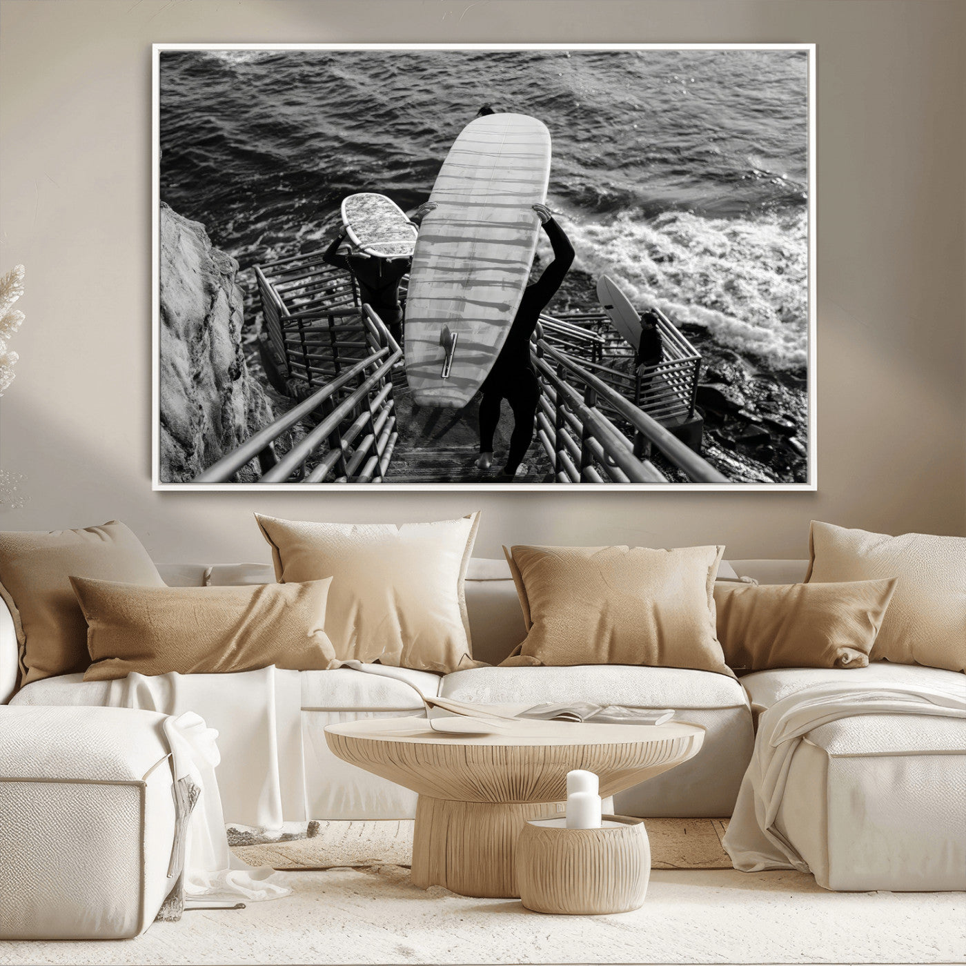 32353707-MGV-CV-36X24-Black White Surfing Wall Art Canvas Print, Framed Coastal Surfing Art Picture Print, Wave Riders Perfect Coastal Adventure Decor