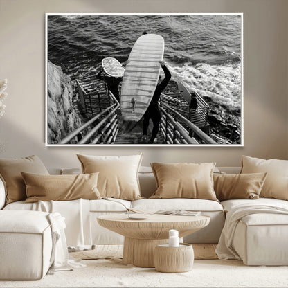 32353707-MGV-CV-36X24-Black White Surfing Wall Art Canvas Print, Framed Coastal Surfing Art Picture Print, Wave Riders Perfect Coastal Adventure Decor