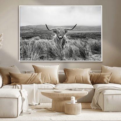 24051061-MGV-CV-36X24-Monochrome Highland Cow Wall Art Canvas Print, Framed Scottish Bull Art Picture Print, Lone Cattle Perfect Rustic Farmhouse Decor