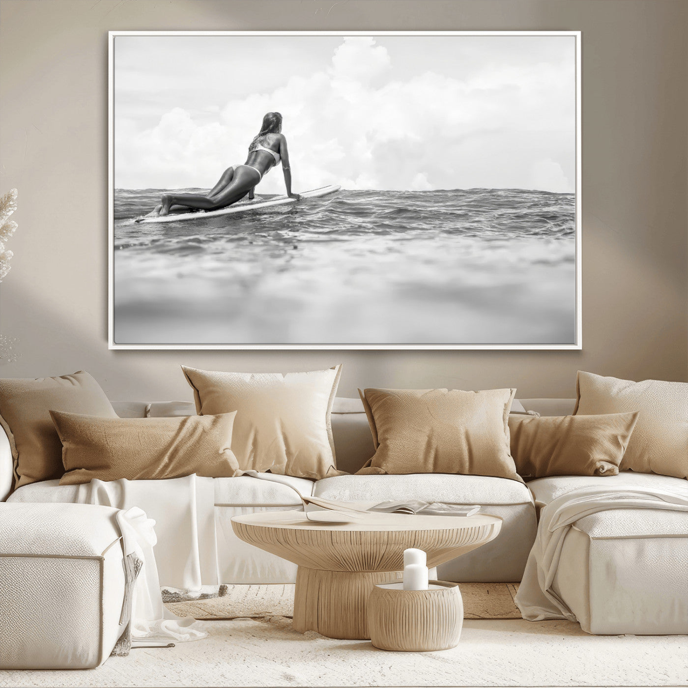 69798068-MGV-CV-36X24-Black White Surfing Wall Art Canvas Print, Framed Ocean Horizon Art Picture Print, Surfer Girl Perfect Coastal Adventure Decor