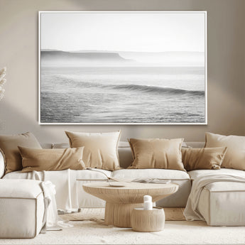 60635783-MGV-CV-36X24-Black White Seascape Wall Art Canvas Print, Framed Ocean Waves Art Picture Print, Misty Coastal Perfect Minimalist Coastal Decor