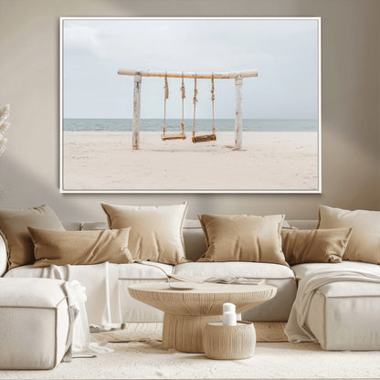 68327283-MGV-CV-36X24-Beach Swing Wall Art Canvas Print, Framed Quiet Beach Art Picture Print, Calm Shoreline Perfect Bohemian Coastal Decor Artwork