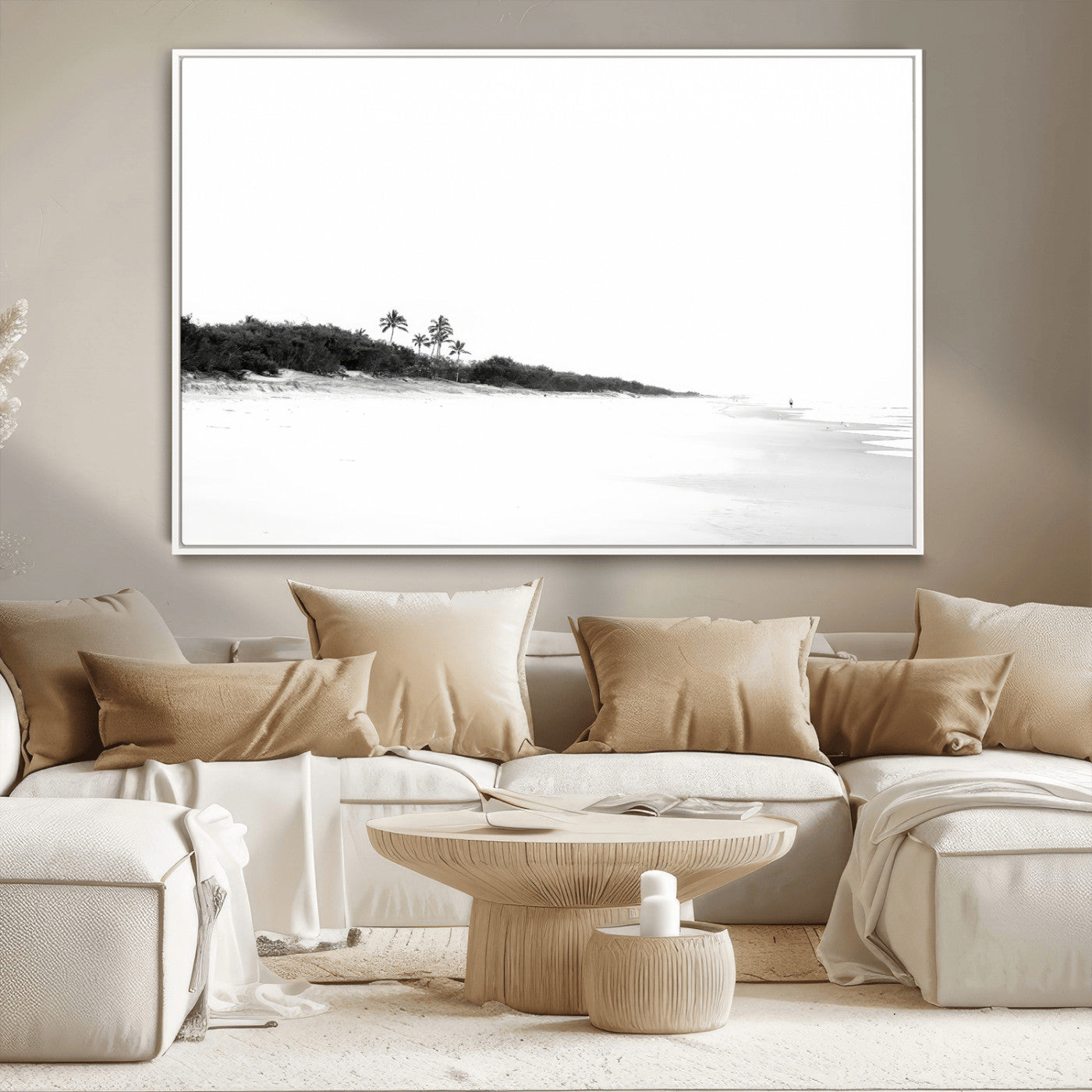 29611516-MGV-CV-36X24-Black White Beach Wall Art Canvas Print, Framed Palm Trees Art Picture Print, Monochrome Tropical Perfect Minimalist Coastal Decor