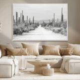35537313-MGV-CV-36X24-Monochrome Desert Wall Art Canvas Print, Framed Cactus Path Art Picture Print, Southwestern Landscape Perfect Southwestern