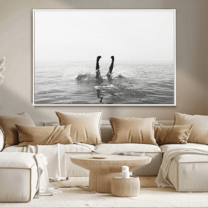 26667396-MGV-CV-36X24-Black White Ocean Wall Art Canvas Print, Framed Monochrome Water Art Picture Print, Diving into Water Perfect Minimalist Aquatic