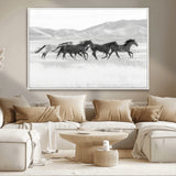 69934913-MGV-CV-36X24-Wild Horses Running Wall Art Canvas Print, Framed Black White Mustangs Art Picture Print, Rustic Western Perfect Rustic Western