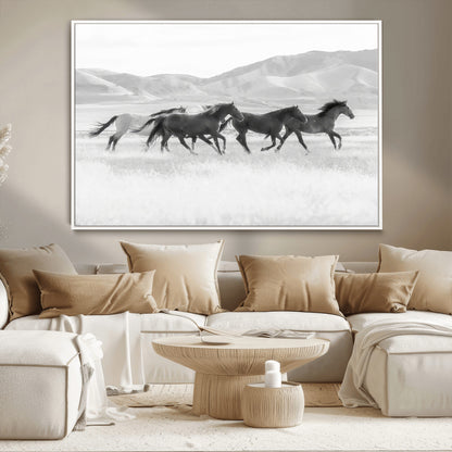 69934913-MGV-CV-36X24-Wild Horses Running Wall Art Canvas Print, Framed Black White Mustangs Art Picture Print, Rustic Western Perfect Rustic Western