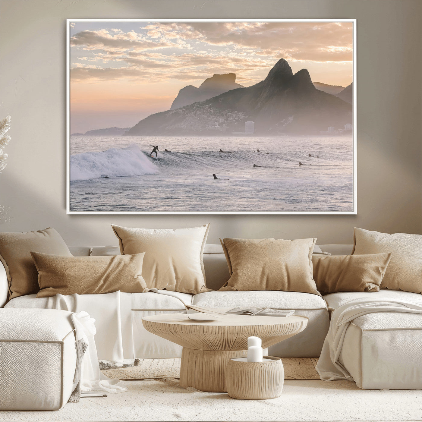 70644906-MGV-CV-36X24-Sunset Surfing Wall Art Canvas Print, Framed Misty Mountains Art Picture Print, Surfer Riding Wave Perfect Coastal Adventure Decor