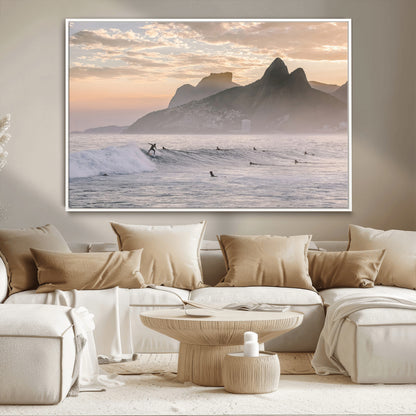 70644906-MGV-CV-36X24-Sunset Surfing Wall Art Canvas Print, Framed Misty Mountains Art Picture Print, Surfer Riding Wave Perfect Coastal Adventure Decor