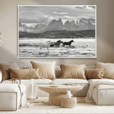 21655040-MGV-CV-36X24-Wild Horses Wall Art Canvas Print, Framed Black White Mountains Art Picture Print, Rustic Countryside Perfect Rustic Western Decor
