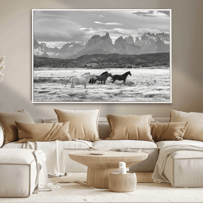 21655040-MGV-CV-36X24-Wild Horses Wall Art Canvas Print, Framed Black White Mountains Art Picture Print, Rustic Countryside Perfect Rustic Western Decor