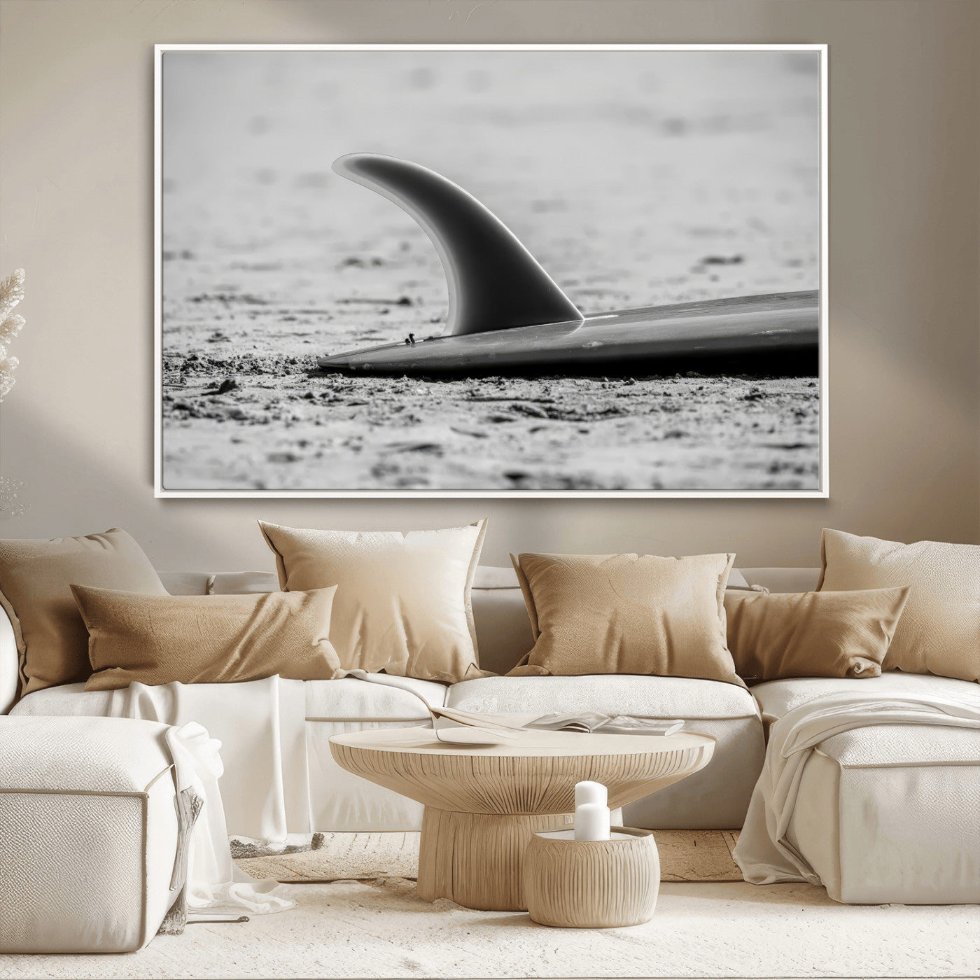 62314230-MGV-CV-36X24-Black White Surfboard Wall Art Canvas Print, Framed Minimalist Beach Art Picture Print, Surf Fin Perfect Minimalist Coastal Decor