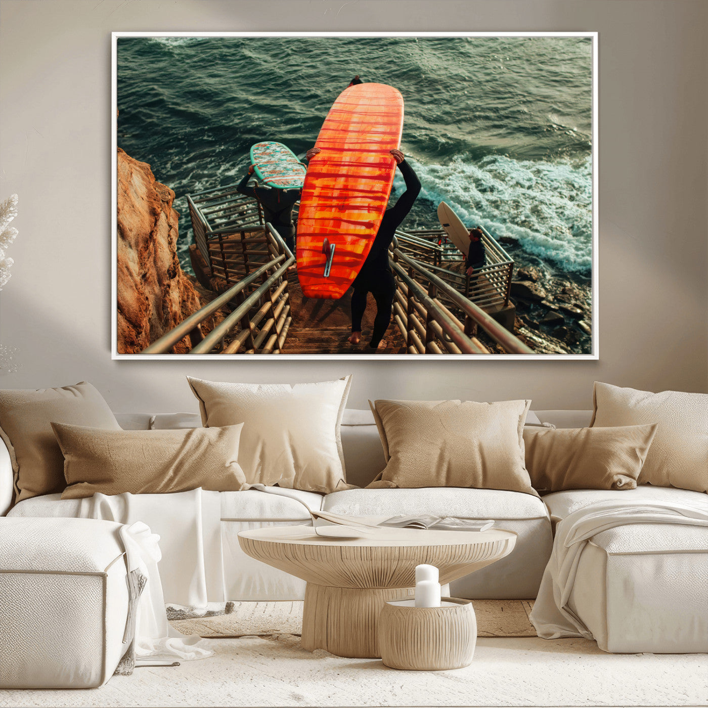84555848-MGV-CV-36X24-Surfer Stairway Wall Art Canvas Print, Framed Ocean Surf Art Picture Print, Sunset Coastal Perfect Coastal Adventure Decor Artwork