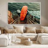 84555848-MGV-CV-36X24-Surfer Stairway Wall Art Canvas Print, Framed Ocean Surf Art Picture Print, Sunset Coastal Perfect Coastal Adventure Decor Artwork