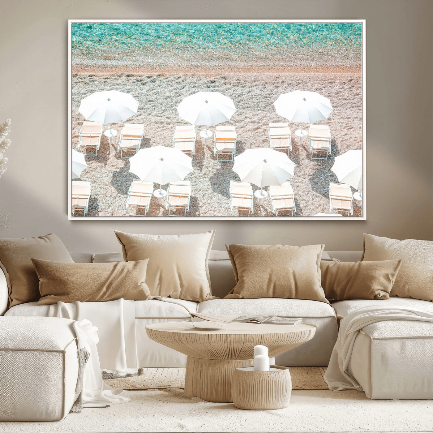 83736167-MGV-CV-36X24-Calm Beach Wall Art Canvas Print, Framed Turquoise Water Art Picture Print, Umbrella Shoreline Perfect Coastal Minimalist Decor