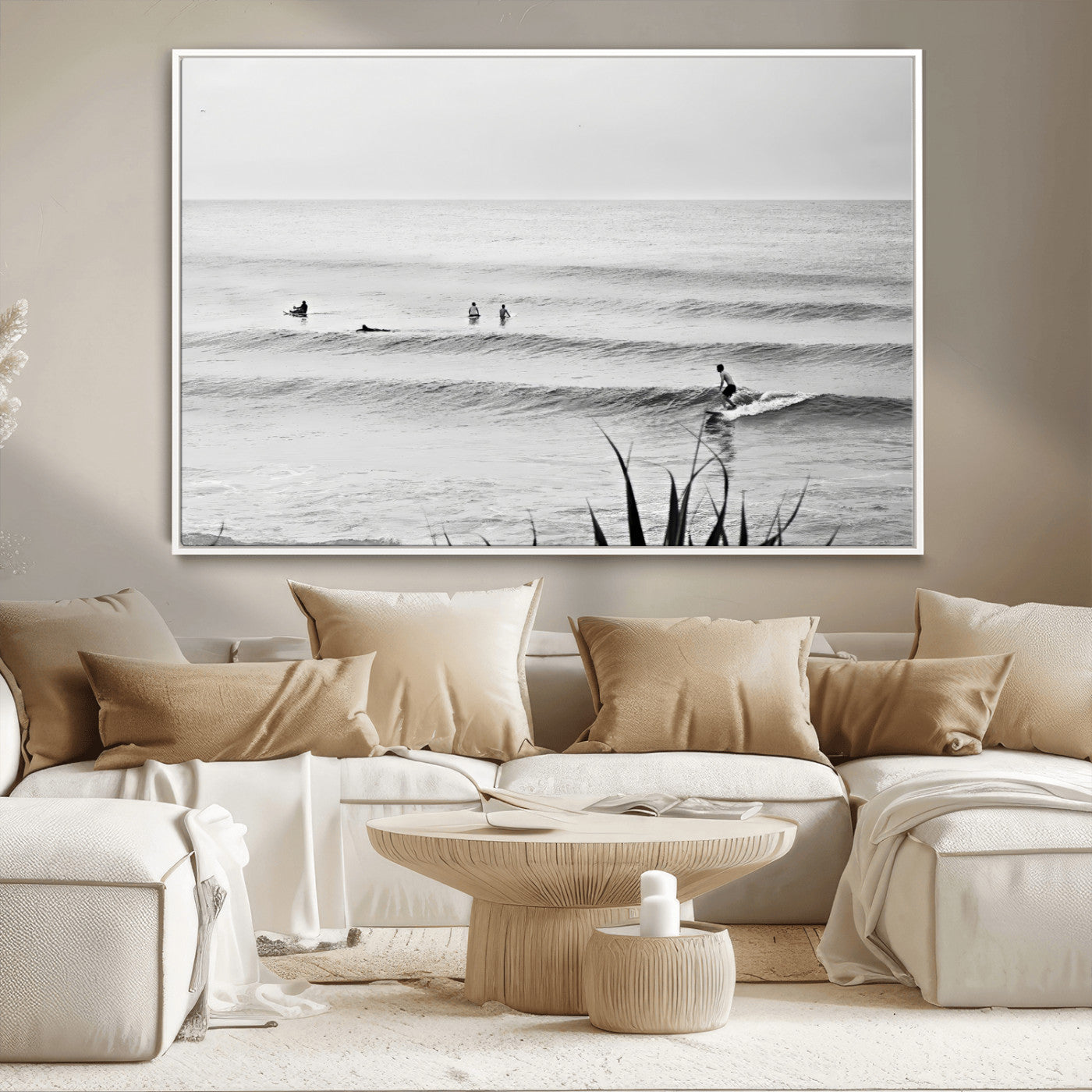 33821421-MGV-CV-36X24-Surfer Silhouette Wall Art Canvas Print, Framed Calm Ocean Art Picture Print, Monochrome Surf Perfect Minimalist Coastal Decor