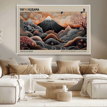 55739266-MGV-CV-36X24-Japanese Wall Art Print – Abstract Yayoi Kusama Inspired Dotted Landscape Poster, Surreal Oriental Mountain and Cherry Blossom
