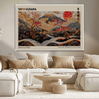 77970791-MGV-CV-36X24-Mount Fuji Golden Abstract Wall Art – Japanese Landscape Canvas Poster, Cherry Blossom & Red Sun Painting, Elegant Zen Oriental