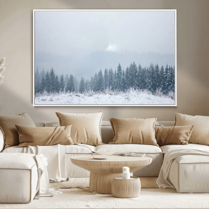 33033082-MGV-CV-36X24-Winter Forest Art Wall Art Canvas Print, Framed Snowy Landscape Art Picture Print, Misty Tree Scene Perfect Nordic Minimalist