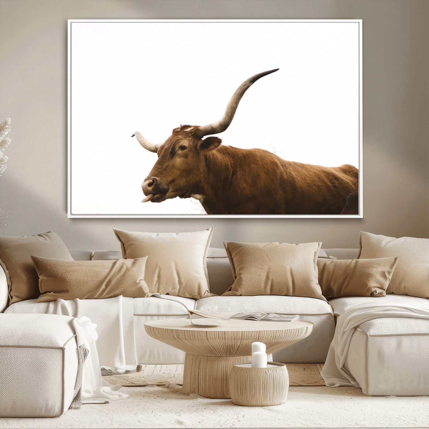62566114-MGV-FC-36X24_White-Longhorn Cow Art Wall Art Canvas Print, Framed Rustic Animal Decor Art Picture Print, Texas Bull Photo Perfect Rustic Farmhouse
